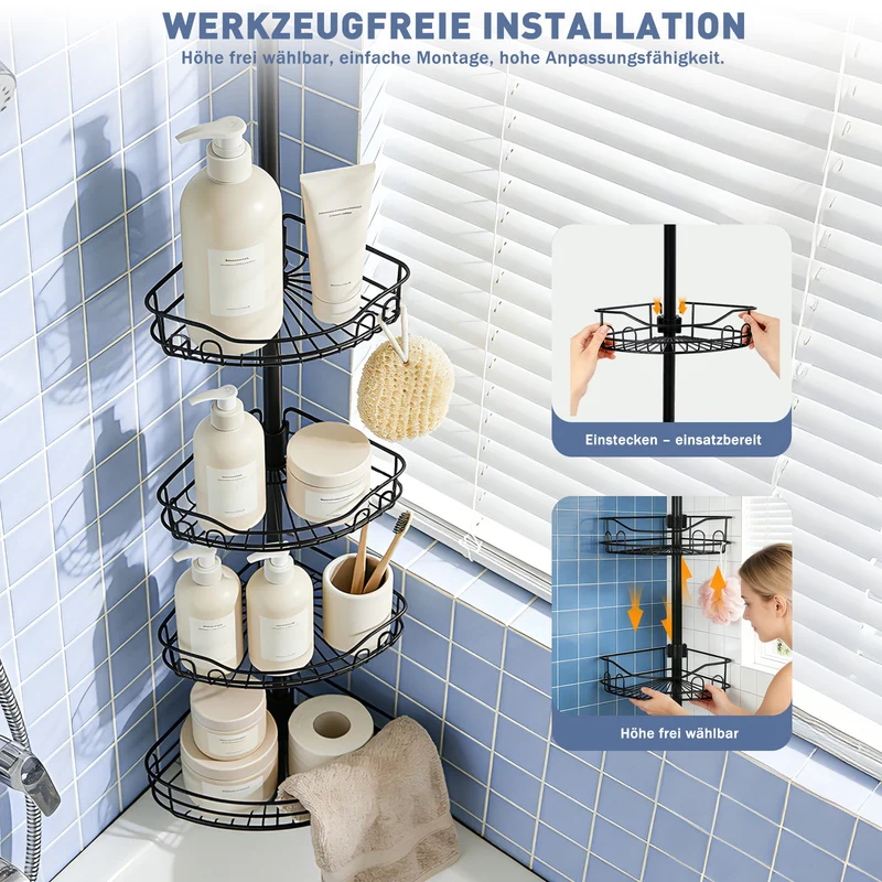 Sekey Duschregal Ohne Bohren – Höhenverstellbares Teleskop-Duschregal 79–315 cm mit Klicksystem, Rostfrei & Eck-Design, Stabiles Badezimmer-Organizer