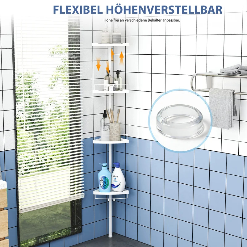 Sekey Duschregal Ohne Bohren Weiß – Höhenverstellbares Eck-Duschregal 79–315 cm mit 4 Kunststoff-Körben, Stabiles Teleskop-Dusch-Organizer für Badezimmer