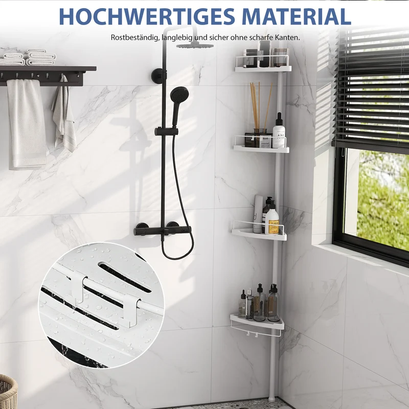 Sekey Duschregal Ohne Bohren Weiß – Höhenverstellbares Eck-Duschregal 79–315 cm mit 4 Kunststoff-Körben, Stabiles Teleskop-Dusch-Organizer für Badezimmer