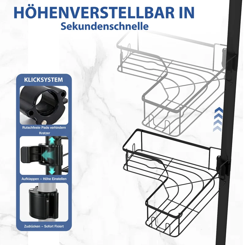 Sekey Duschregal Ohne Bohren – Höhenverstellbares Eck-Duschregal 79–315 cm mit 4 Körben & Klicksystem, Stabiles Teleskop-Dusch-Organizer für Badezimmer