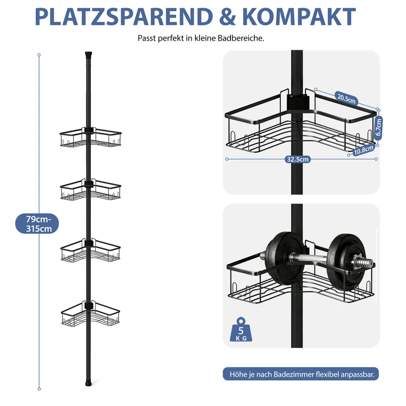 Sekey Duschregal Ohne Bohren – Höhenverstellbares Eck-Duschregal 79–315 cm mit 4 Körben & Klicksystem, Stabiles Teleskop-Dusch-Organizer für Badezimmer