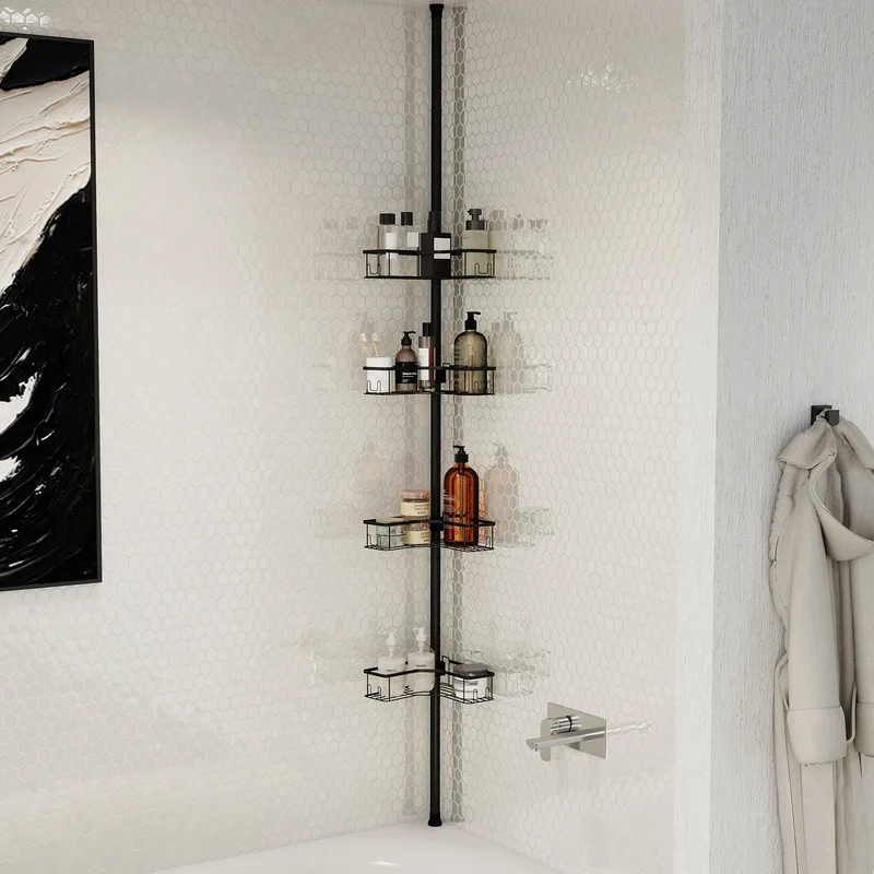 Sekey Duschregal Ohne Bohren – Höhenverstellbares Eck-Duschregal 79–315 cm mit 4 Körben & Klicksystem, Stabiles Teleskop-Dusch-Organizer für Badezimmer