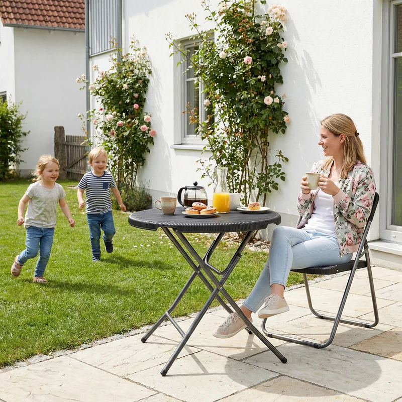 Sekey Runder Klapptisch Ø 81 cm – Campingtisch & Balkontisch klappbar, stabiler Gartentisch in Holzoptik, Beistelltisch für Balkon, Garten & Terrasse