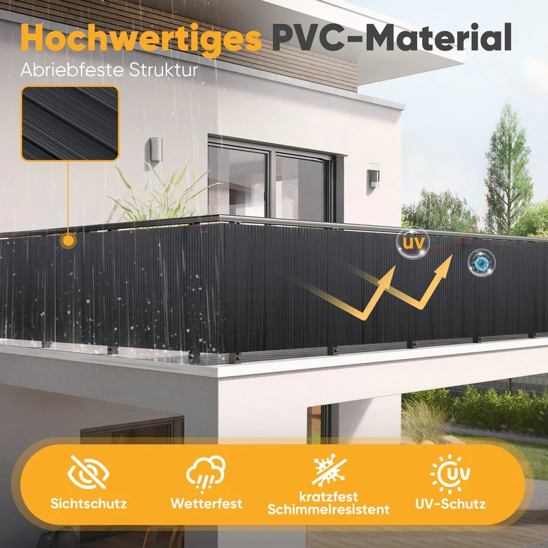 Sunula PVC Sichtschutzmatte, Balkon Sichtschutz, Doppelte Verstärkung, Ohne Bohren, Mit Kabelbindern, Wasserdicht, Windschutz, Balkonabdeckung für Garten Terrasse, Anthrazit