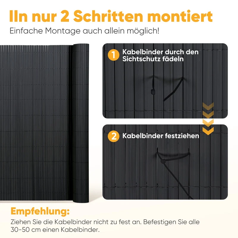 Sunula PVC Sichtschutzmatte, Balkon Sichtschutz, Doppelte Verstärkung, Ohne Bohren, Mit Kabelbindern, Wasserdicht, Windschutz, Balkonabdeckung für Garten Terrasse, Anthrazit