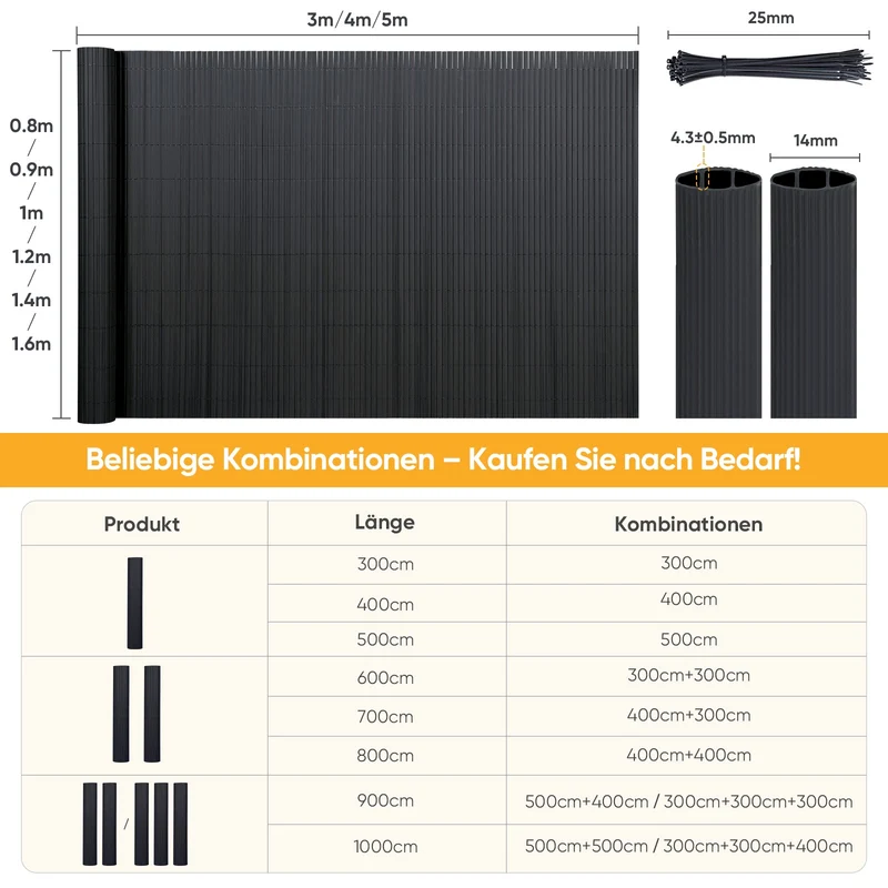 Sunula PVC Sichtschutzmatte, Balkon Sichtschutz, Doppelte Verstärkung, Ohne Bohren, Mit Kabelbindern, Wasserdicht, Windschutz, Balkonabdeckung für Garten Terrasse, Anthrazit