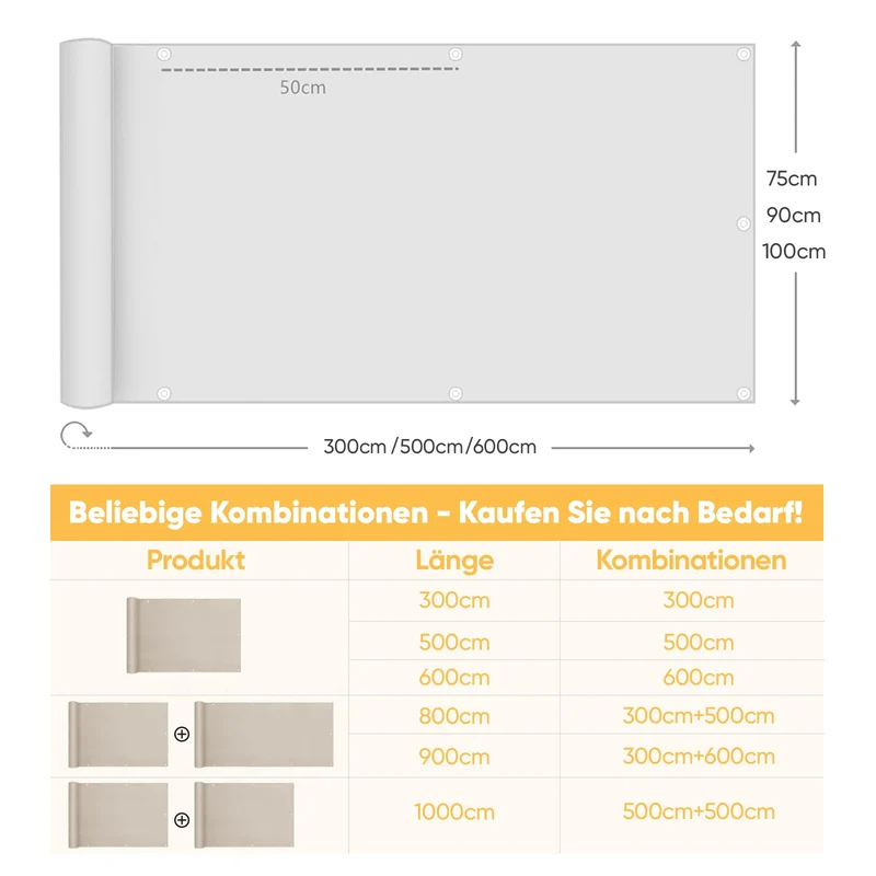 Sunula Balkon Sichtschutz, blickdicht, PES Balkonverkleidung, Windschutz, ohne Bohren, mit Nylon-Kabelbinder und Kordel, patentierte reißfeste Ösen, wetterfest, taupe