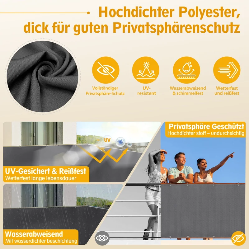 Sunula Balkon Sichtschutz, blickdicht, PES Gewebe, winddicht, ohne Bohren, mit Kabelbindern und Kordel, reißfeste Ösen, wetterfest, anthrazit