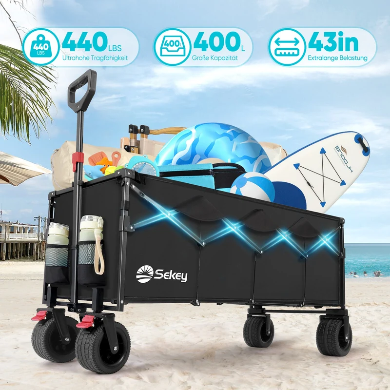 Sekey Faltbarer Bollerwagen 400 L, Extra Lang (110 cm), 200 kg Tragkraft, Schwerlast Transportwagen mit Geländerädern & Getränkehalter – Für Strand, Camping & Garten