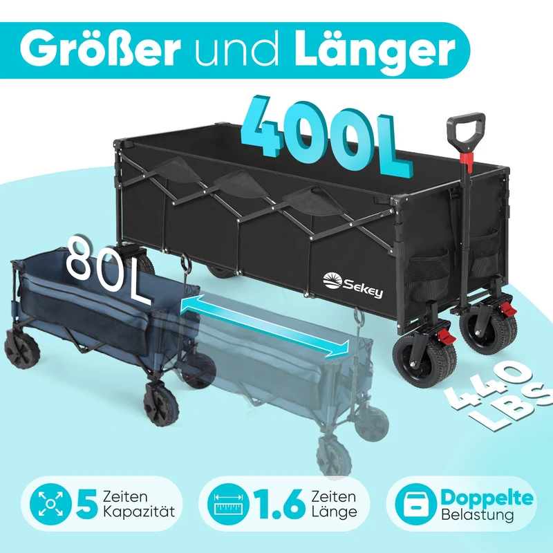 Sekey Faltbarer Bollerwagen 400 L, Extra Lang (110 cm), 200 kg Tragkraft, Schwerlast Transportwagen mit Geländerädern & Getränkehalter – Für Strand, Camping & Garten
