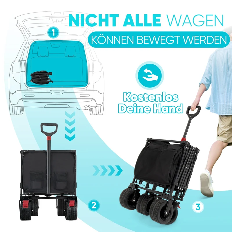 Sekey Faltbarer Bollerwagen 400 L, Extra Lang (110 cm), 200 kg Tragkraft, Schwerlast Transportwagen mit Geländerädern & Getränkehalter – Für Strand, Camping & Garten