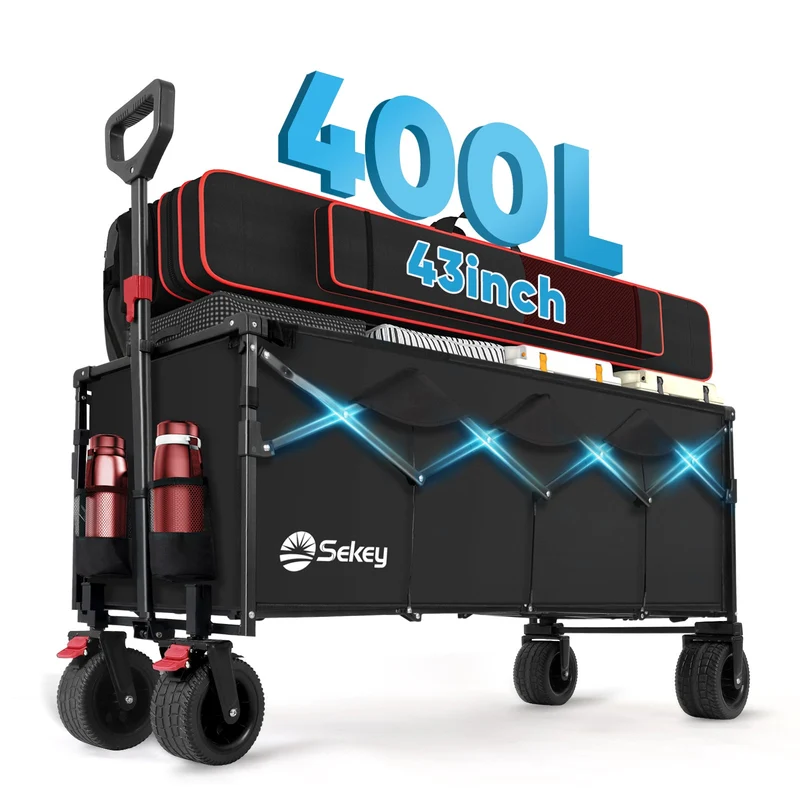 Sekey Faltbarer Bollerwagen 400 L, Extra Lang (110 cm), 200 kg Tragkraft, Schwerlast Transportwagen mit Geländerädern & Getränkehalter – Für Strand, Camping & Garten