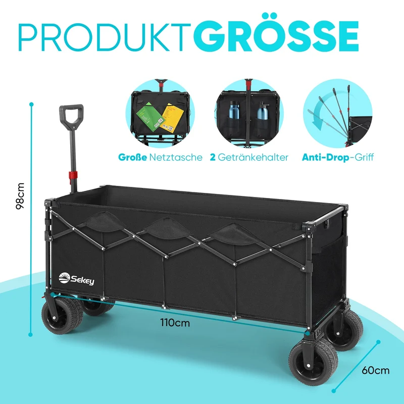 Sekey Faltbarer Bollerwagen 400 L, Extra Lang (110 cm), 200 kg Tragkraft, Schwerlast Transportwagen mit Geländerädern & Getränkehalter – Für Strand, Camping & Garten