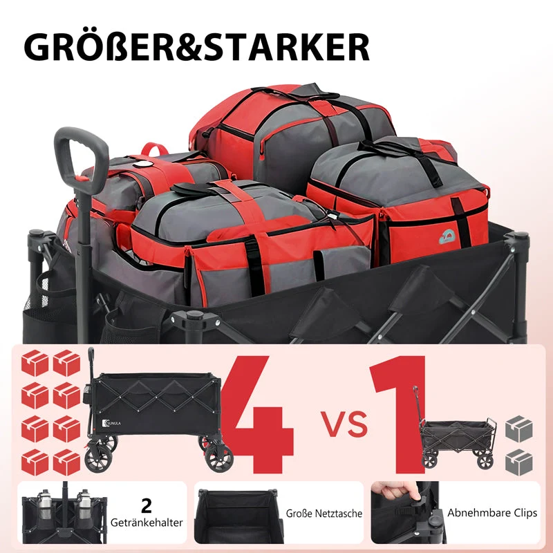 Sunula Faltbarer Bollerwagen 3026 mit Allwetterrädern, 300 L Volumen, 149 kg Tragkraft – Robuster Transportwagen für Strand, Camping, Garten & Einkauf