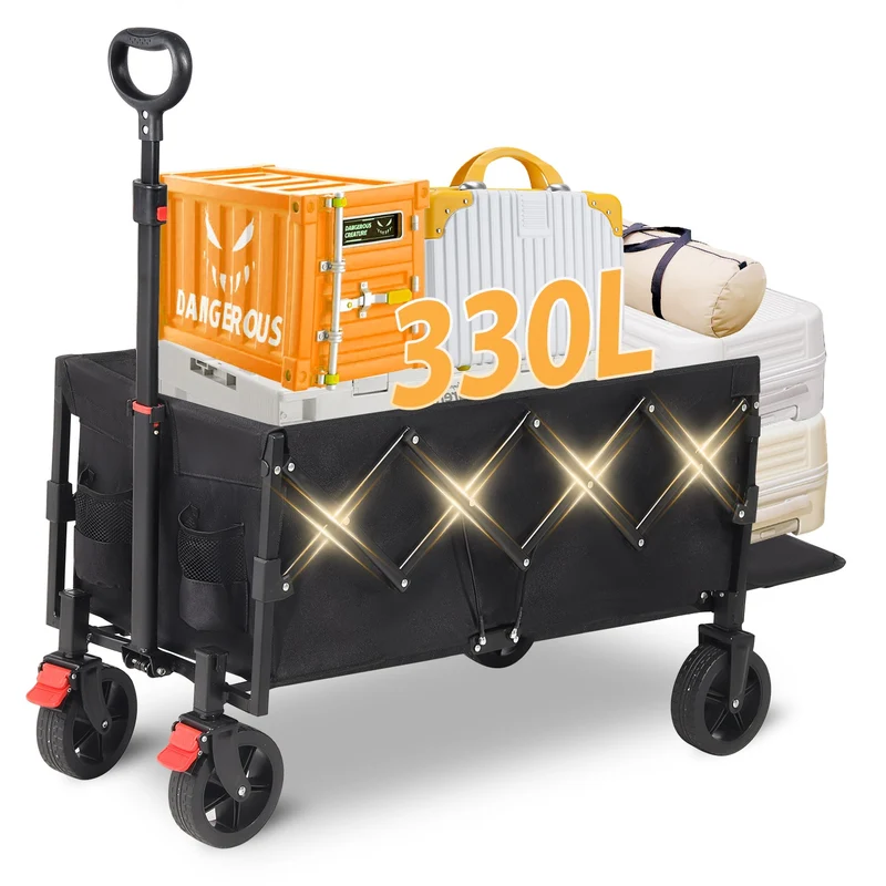 Sunula Faltbarer Bollerwagen 3025 mit Verlängerter Ladefläche, 150 kg Tragkraft, Extra Lang, Mit Bremse, Getränkehaltern & Geländereifen – Für Strand, Camping, Garten, Einkauf