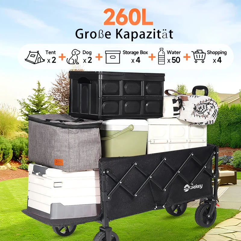 Sunula Faltbarer Bollerwagen 3025 mit Verlängerter Ladefläche, 150 kg Tragkraft, Extra Lang, Mit Bremse, Getränkehaltern & Geländereifen – Für Strand, Camping, Garten, Einkauf
