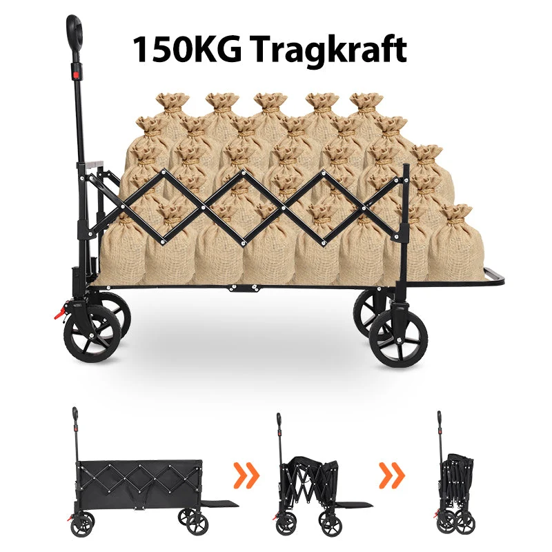 Sunula Faltbarer Bollerwagen 3025 mit Verlängerter Ladefläche, 150 kg Tragkraft, Extra Lang, Mit Bremse, Getränkehaltern & Geländereifen – Für Strand, Camping, Garten, Einkauf