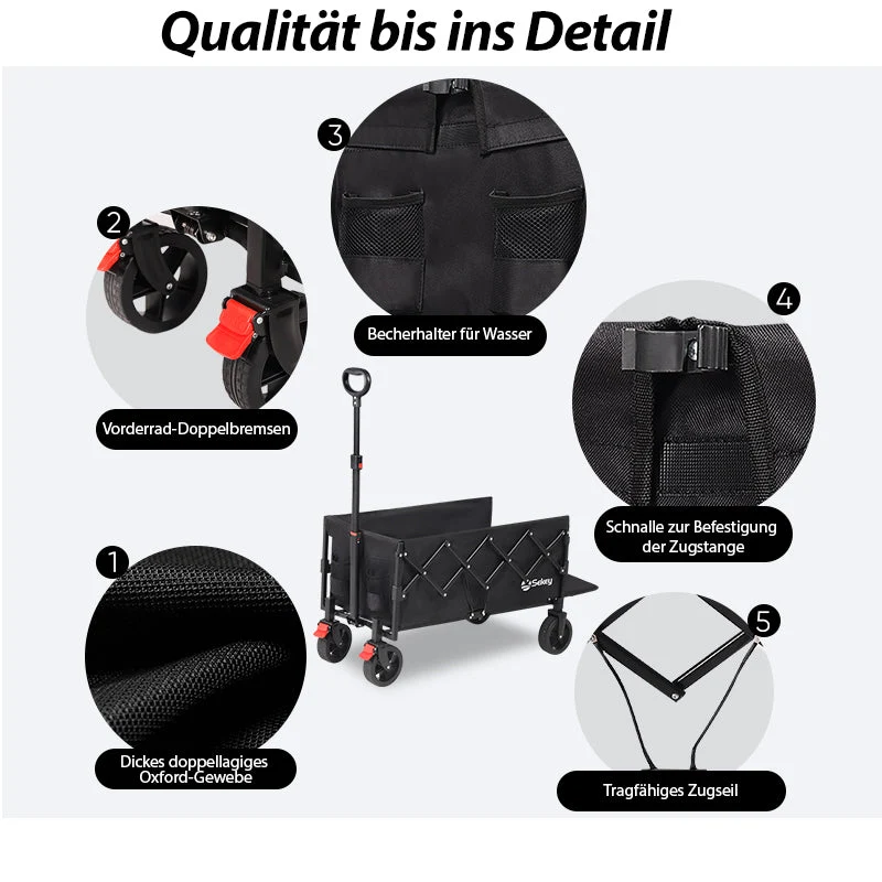 Sunula Faltbarer Bollerwagen 3025 mit Verlängerter Ladefläche, 150 kg Tragkraft, Extra Lang, Mit Bremse, Getränkehaltern & Geländereifen – Für Strand, Camping, Garten, Einkauf