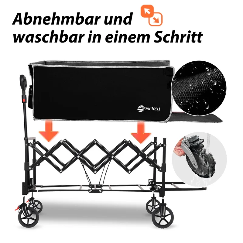 Sunula Faltbarer Bollerwagen 3025 mit Verlängerter Ladefläche, 150 kg Tragkraft, Extra Lang, Mit Bremse, Getränkehaltern & Geländereifen – Für Strand, Camping, Garten, Einkauf