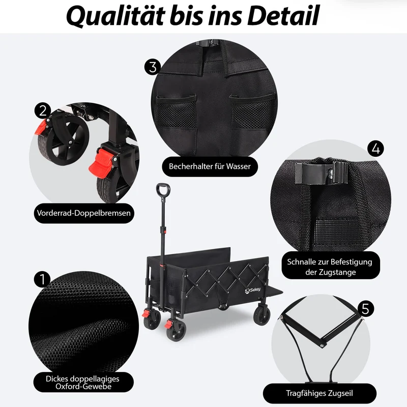 Sunula Faltbarer Bollerwagen 3025 mit Verlängerter Ladefläche, 150 kg Tragkraft, Extra Lang, Mit Bremse, Getränkehaltern & Geländereifen – Für Strand, Camping, Garten, Einkauf