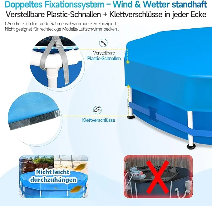 Sekey Poolabdeckung rund, passend für runde Stahlrahmenpools, reißfest und winddicht, mit verstellbaren Schnallen und Klettverschluss, blau