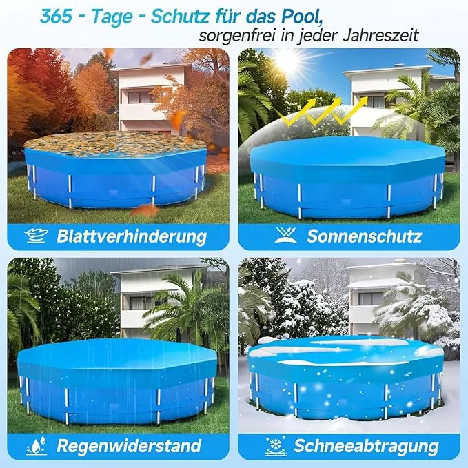 Sekey Poolabdeckung rund, passend für runde Stahlrahmenpools, reißfest und winddicht, mit verstellbaren Schnallen und Klettverschluss, blau