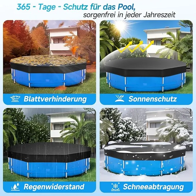 Sekey Poolabdeckung rund, passend für Stahlrahmenpools, reißfest und winddicht, mit verstellbaren Schnallen und Klettverschluss, schwarz
