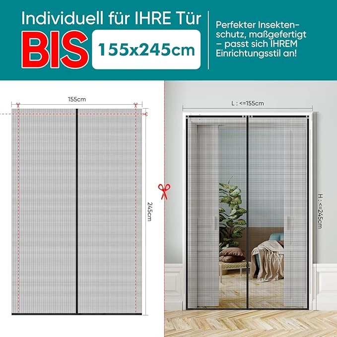 Sekey Magnet Fliegengitter für Balkontüren – Zuschneidbar & selbstklebend, ohne Bohren (bis 155x245 cm, Schwarz)