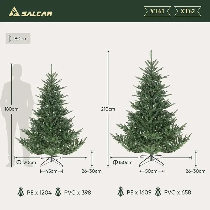 Salcar 180/210cmKünstlicher Weihnachtsbaum, Edeltanne, mit 1204/1609 PE-Zweigen und 398/658 PVC-Zweigen