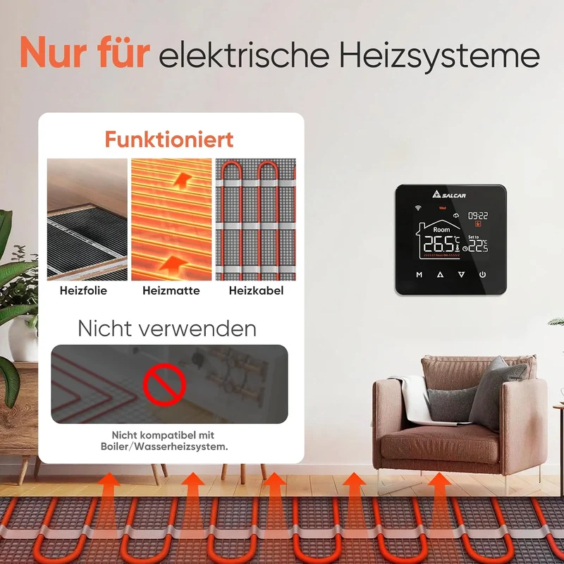 Salcar V4W.716 Smart WLAN Thermostat für elektrische Fußbodenheizung – 230 V, 16 A, Tuya Smart Life App, programmierbarer Raumthermostat mit Touch-LCD-Display, Sprachsteuerung