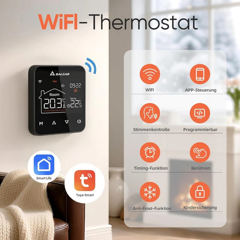 Salcar V4W.716 Smart WLAN Thermostat für elektrische Fußbodenheizung – 230 V, 16 A, Tuya Smart Life App, programmierbarer Raumthermostat mit Touch-LCD-Display, Sprachsteuerung