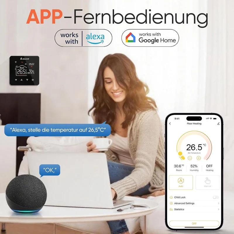 Salcar V4W.716 Smart WLAN Thermostat für elektrische Fußbodenheizung – 230 V, 16 A, Tuya Smart Life App, programmierbarer Raumthermostat mit Touch-LCD-Display, Sprachsteuerung