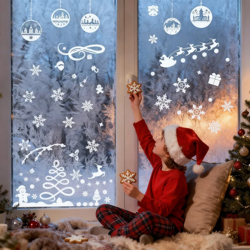Salcar Fensterbilder Weihnachten – Wiederverwendbare Fensterdeko Weiß, Selbstklebend ohne Kleber, Beidseitig Sichtbar mit Schneeflocken, Häusern & Schneemann