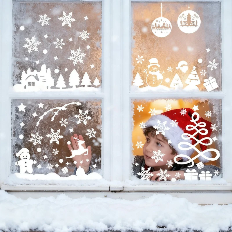 Salcar Fensterbilder Weihnachten – Wiederverwendbare Fensterdeko Weiß, Selbstklebend ohne Kleber, Beidseitig Sichtbar mit Schneeflocken, Häusern & Schneemann