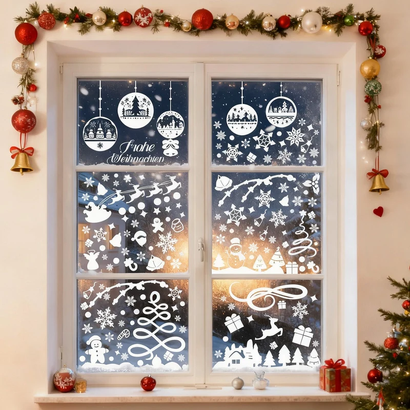 Salcar Fensterbilder Weihnachten – Wiederverwendbare Fensterdeko Weiß, Selbstklebend ohne Kleber, Beidseitig Sichtbar mit Schneeflocken, Häusern & Schneemann