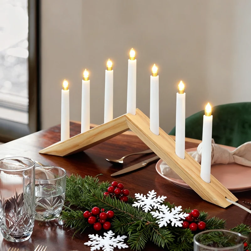 Salcar LED Holz-Schwibbogen 52 cm mit 7 warmweißen LED-Kerzen – Weihnachts Lichterbogen aus Holz, Fensterdeko & Tischbeleuchtung mit Netzstecker