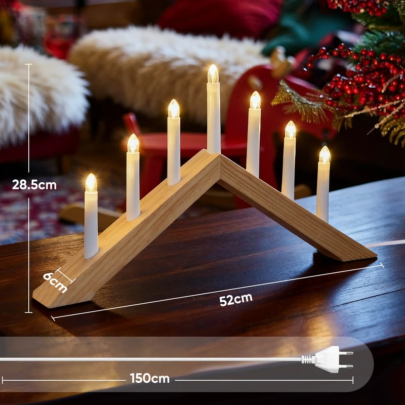Salcar LED Holz-Schwibbogen 52 cm mit 7 warmweißen LED-Kerzen – Weihnachts Lichterbogen aus Holz, Fensterdeko & Tischbeleuchtung mit Netzstecker