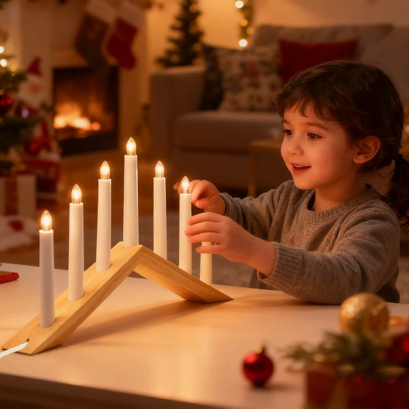 Salcar LED Holz-Schwibbogen 52 cm mit 7 warmweißen LED-Kerzen – Weihnachts Lichterbogen aus Holz, Fensterdeko & Tischbeleuchtung mit Netzstecker