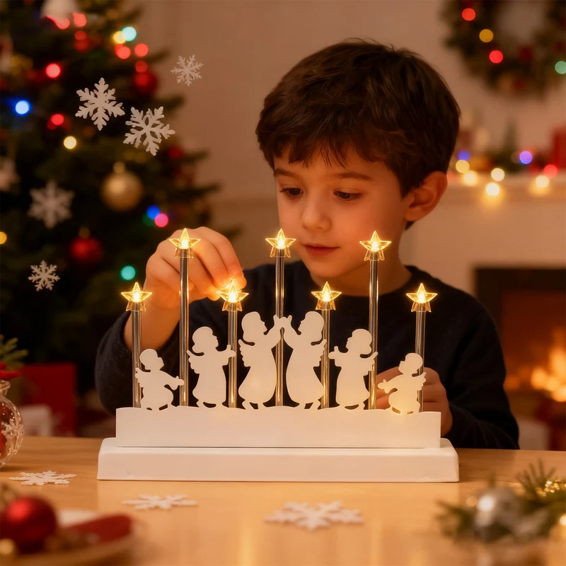 Salcar LED Lichterbogen mit 7 Sternen & 6 Engeln – Warmweißes Licht, Batteriebetrieben mit Timer – Weihnachtsdeko für Tisch & Fenster, ca. 32 cm