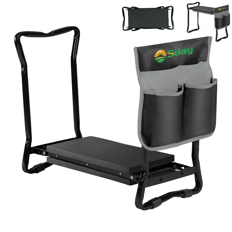 Sekey Höhenverstellbare Kniebank für Gartenarbeit – 2-in-1 Kniehilfe & Gartenhocker, Klappbar, bis 160 kg belastbar, mit Werkzeugtaschen, Schwarz