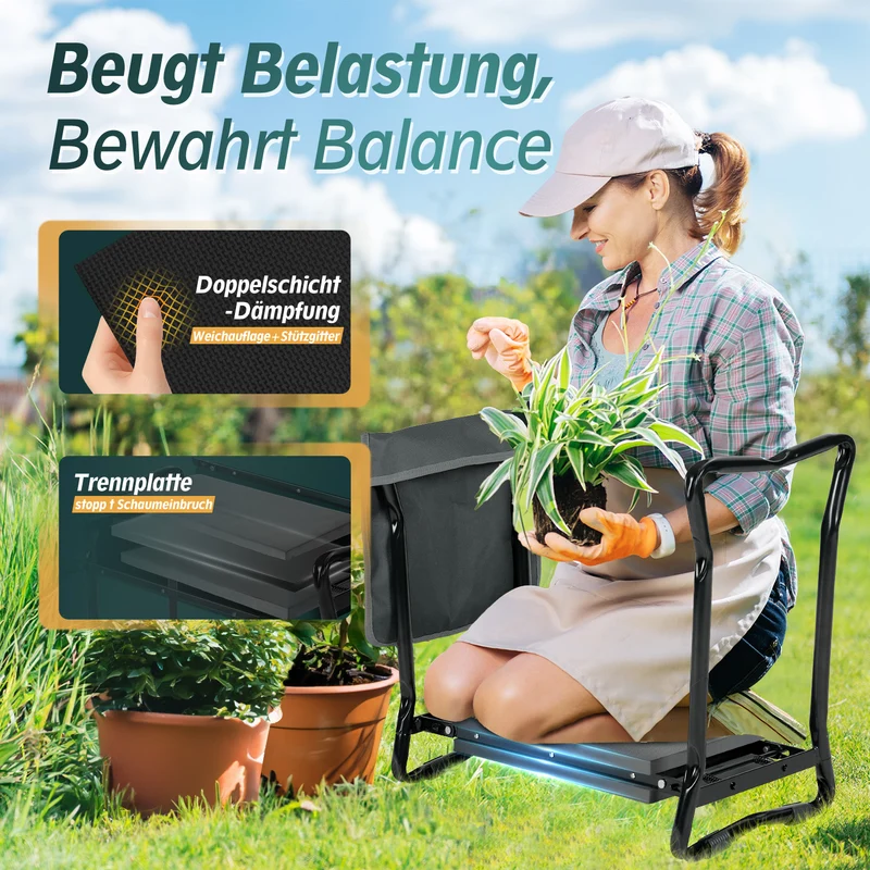 Sekey Höhenverstellbare Kniebank für Gartenarbeit – 2-in-1 Kniehilfe & Gartenhocker, Klappbar, bis 160 kg belastbar, mit Werkzeugtaschen, Schwarz