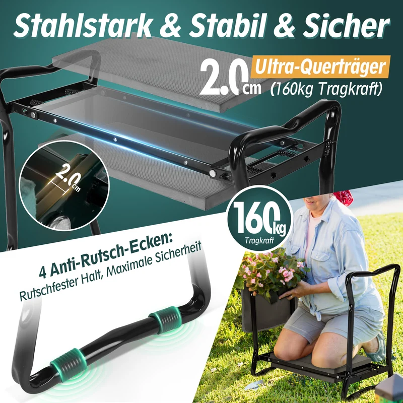 Sekey Höhenverstellbare Kniebank für Gartenarbeit – 2-in-1 Kniehilfe & Gartenhocker, Klappbar, bis 160 kg belastbar, mit Werkzeugtaschen, Schwarz