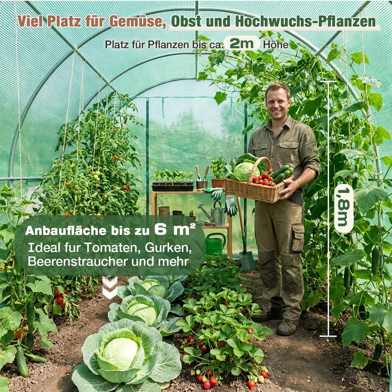 Sekey Winterfestes Foliengewächshaus 3×2×2 m – 6 m² Folientunnel aus verzinktem Stahl, 2 m Stehhöhe, 2 Türen & 4 Fenster, 140 g/m² PE-Folie inkl. Profi-Verankerung