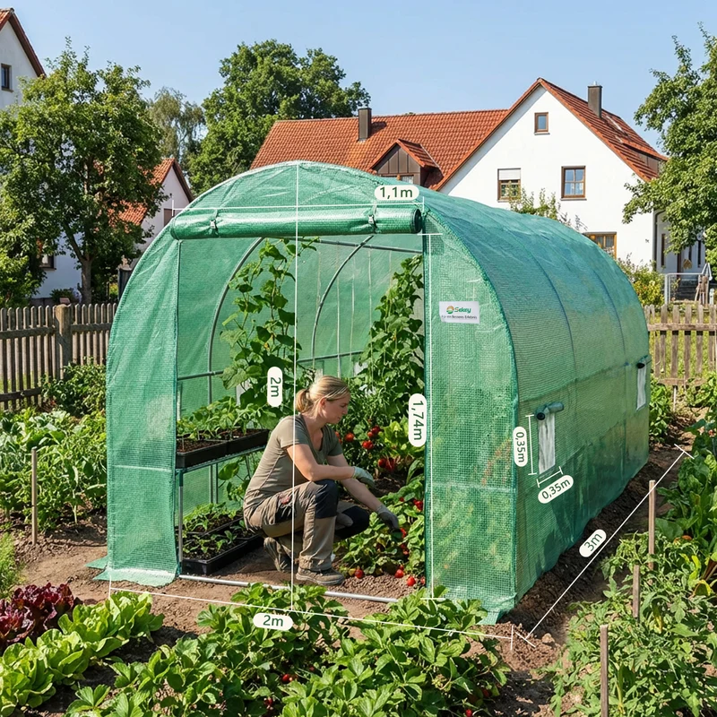Sekey Winterfestes Foliengewächshaus 3×2×2 m – 6 m² Folientunnel aus verzinktem Stahl, 2 m Stehhöhe, 2 Türen & 4 Fenster, 140 g/m² PE-Folie inkl. Profi-Verankerung