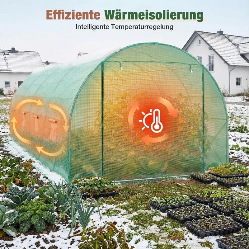 Sekey Winterfestes Foliengewächshaus 4×2×2 m – 8 m² Folientunnel aus verzinktem Stahl, 2 m Stehhöhe, 2 Türen & 8 Fenster, 140 g/m² PE-Folie inkl. Profi-Verankerung