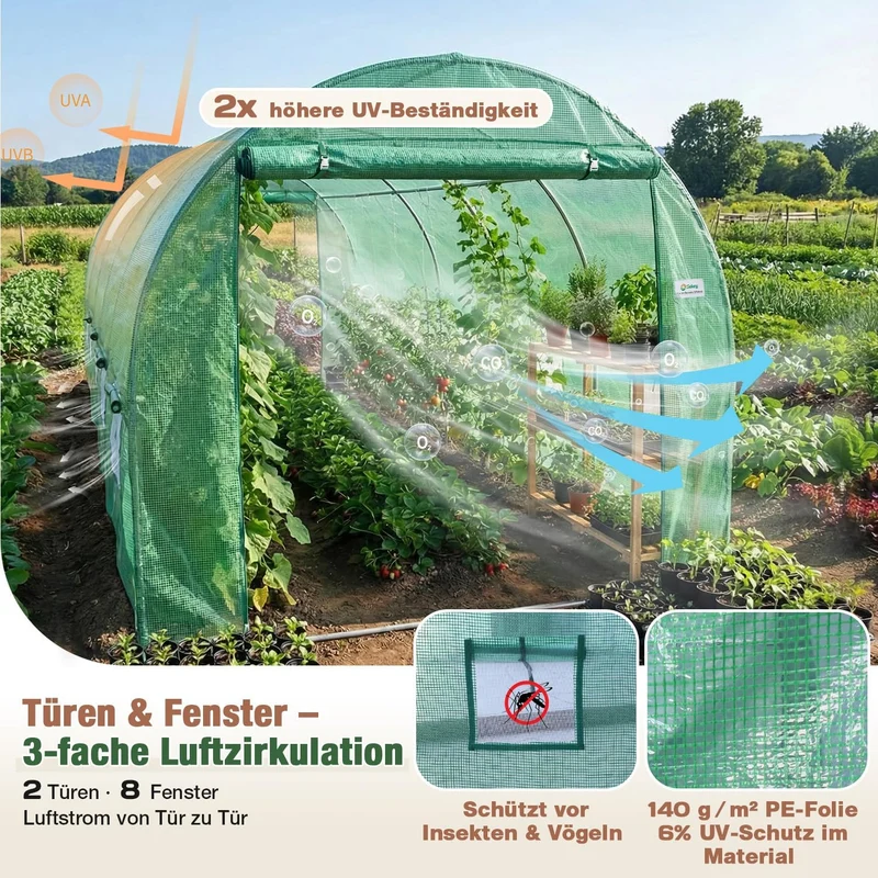 Sekey Winterfestes Foliengewächshaus 4×2×2 m – 8 m² Folientunnel aus verzinktem Stahl, 2 m Stehhöhe, 2 Türen & 8 Fenster, 140 g/m² PE-Folie inkl. Profi-Verankerung