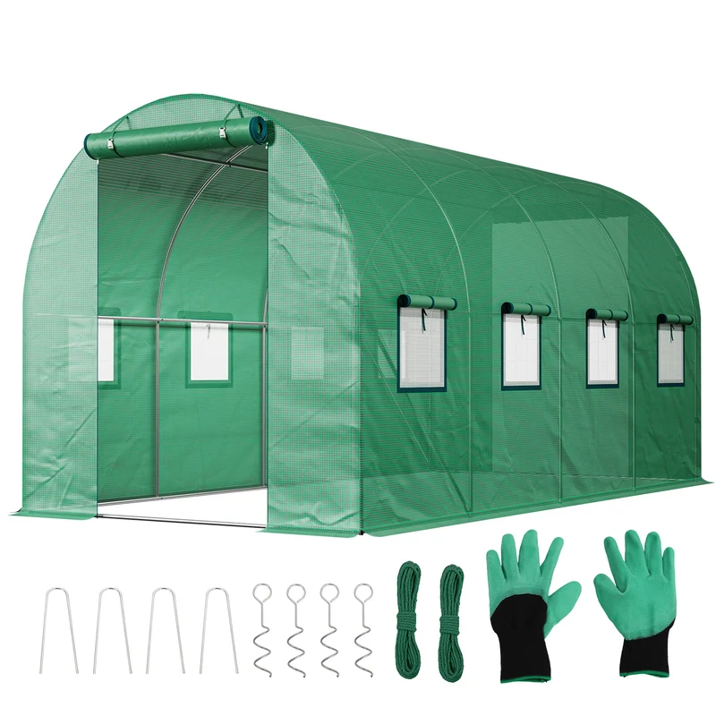 Sekey Winterfestes Foliengewächshaus 4×2×2 m – 8 m² Folientunnel aus verzinktem Stahl, 2 m Stehhöhe, 2 Türen & 8 Fenster, 140 g/m² PE-Folie inkl. Profi-Verankerung