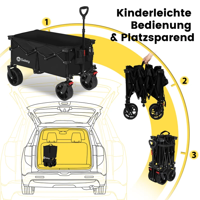 Sekey XXL Bollerwagen Faltbar 150L – Mit Bremsen, 150 kg Tragkraft, Breite All-Terrain-Reifen, Patentierter 4-Wege-Faltmechanismus, Kein Aufbau nötig (Modell 4020)