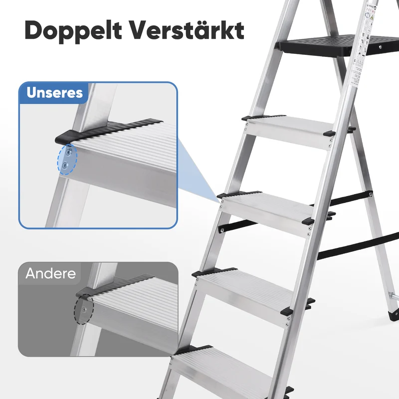 Sekey Aluminium Trittleiter 4/5 Stufen – Klappbar, Rutschfest, Mit Werkzeugablage, TÜV EN131-2, 140/160 cm, Bis 150 kg, Für Haushalt, Garage & Garten