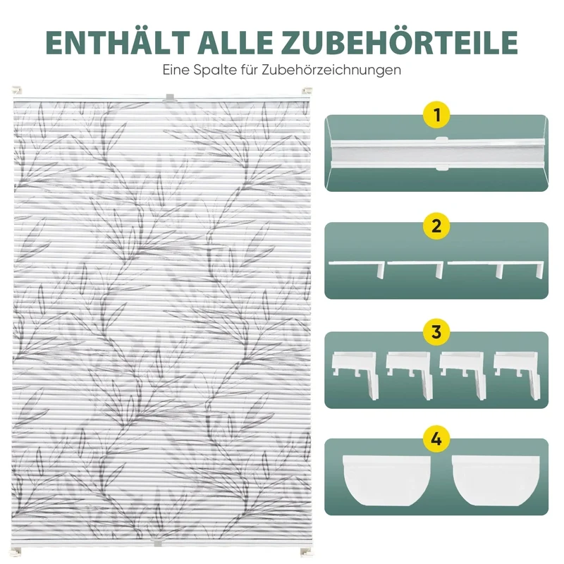 Sekey Wabenplissee ohne Bohren, Verdunkelung, Rollo mit Blumen- & Blätterdruck, stilvolles Plissee für Fenster